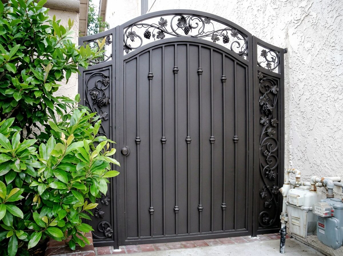 Hand-hammered gold-leafed detail on a black iron gate